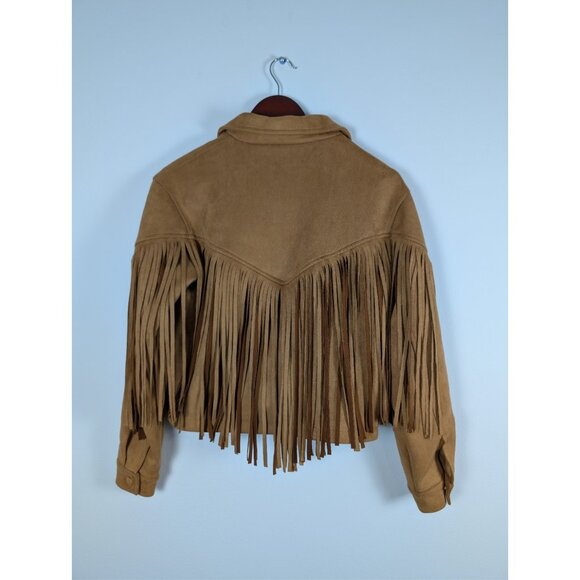 Nasty Gal Women's Camel Tan Fringe Faux Suede Jacket Western Cowgirl Size Small - Picture 2 of 16